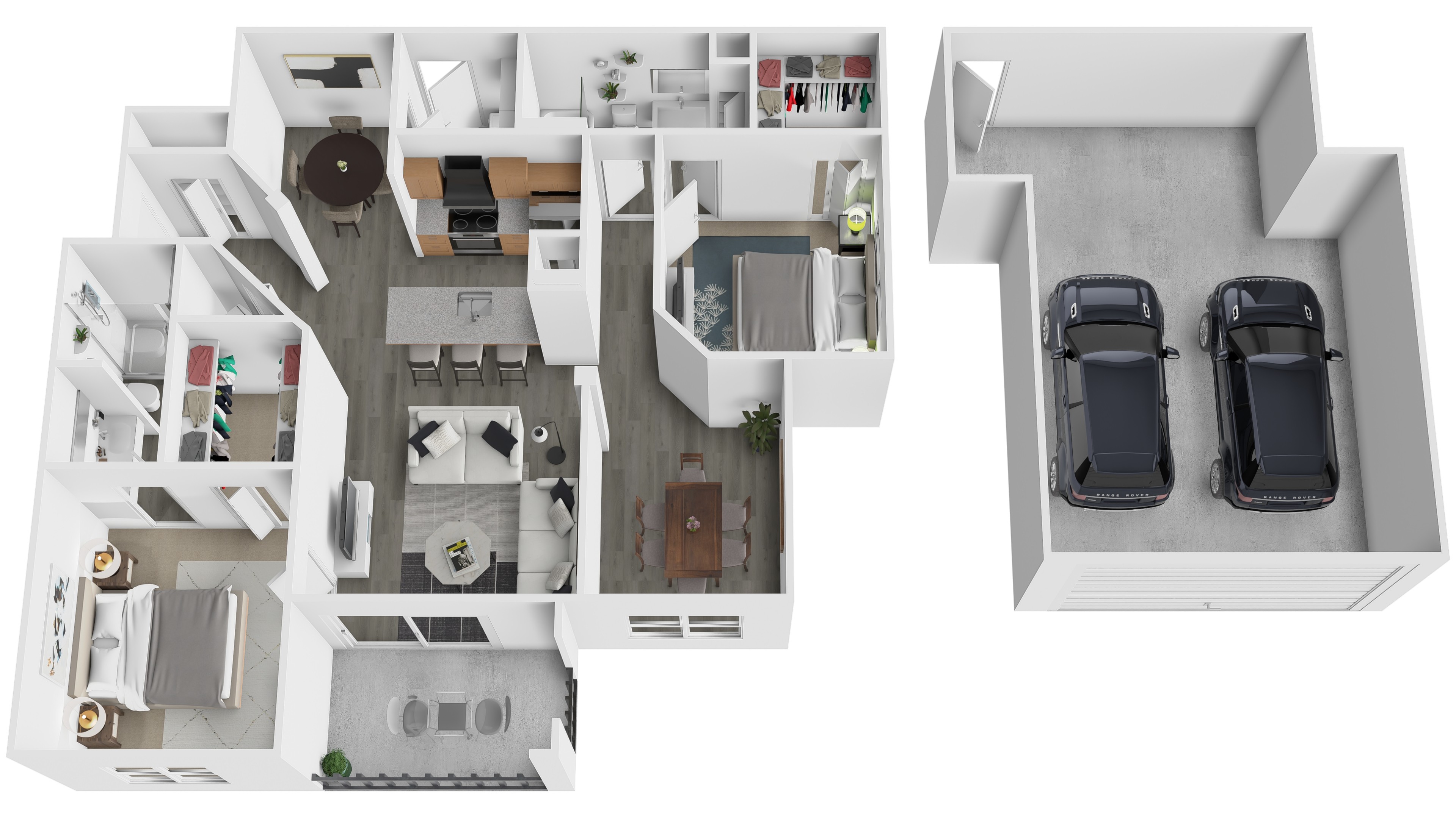 A white floor plan of a house with two bedrooms and two bathrooms.